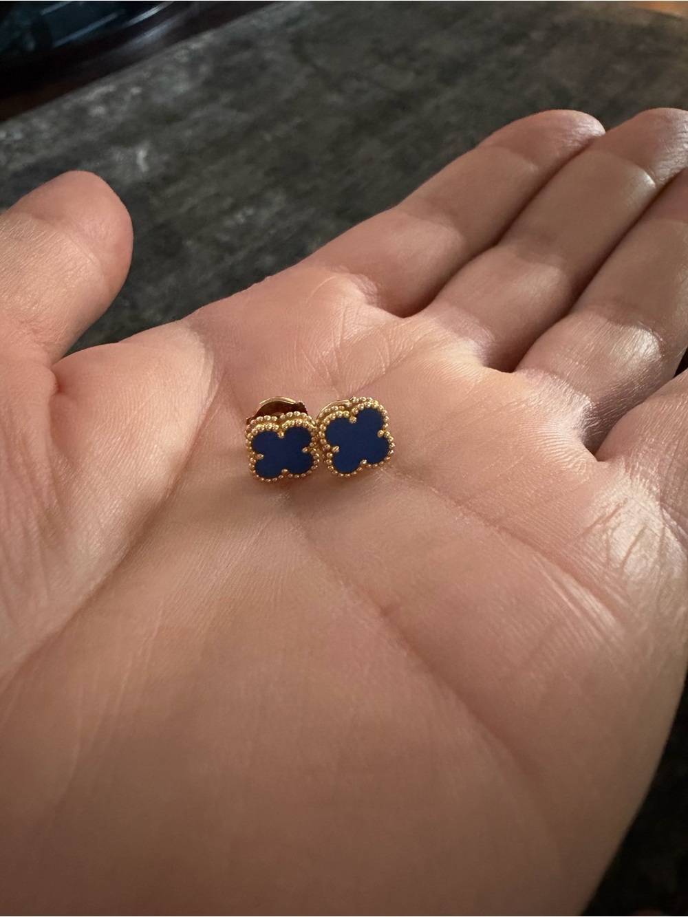 18 K Gold Blue Clover Stud Earrings - Women Jewelry